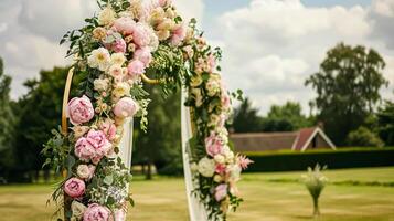 ai genererad bröllop dekoration med pioner, blommig dekor och händelse firande, pion blommor och bröllop ceremoni i de trädgård, engelsk Land stil foto