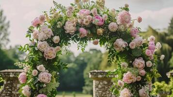 ai genererad bröllop dekoration med pioner, blommig dekor och händelse firande, pion blommor och bröllop ceremoni i de trädgård, engelsk Land stil foto
