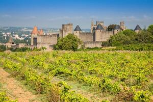 vingårdar växande utanför de medeltida fästning av carcassonne i Frankrike foto