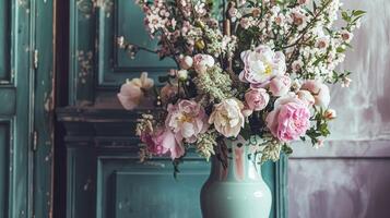 ai genererad vår blommor i årgång vas, skön blommig arrangemang, Hem dekor, bröllop och blomsterhandlare design foto