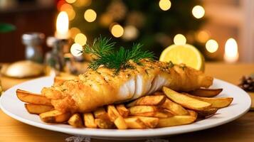 ai genererad fisk och pommes frites för vinter- Semester middag, traditionell brittiskt kök recept i engelsk Land Hem, högtider firande och hemlagad mat foto