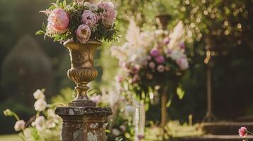 ai genererad bröllop dekoration med pioner, blommig dekor och händelse firande, pion blommor och bröllop ceremoni i de trädgård, engelsk Land stil foto