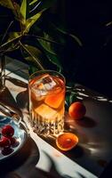 ai genererad lång cocktail med orange skivor över tropisk lövverk bakgrund med tömma Plats för text. foto