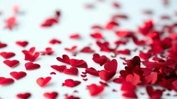 ai genererad skön glitter röd hjärtan över vit bakgrund. romantisk dekoration för skriva ut, rubrik hemsida eller design. foto