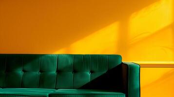 ai genererad Hem interiör falsk upp med grön soffa över gul vägg med lång kasta skuggor. levande rum dekor. 3d framställa. foto