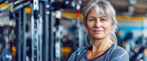 ai genererad en vid vinkel porträtt fångande de elegans av ett äldre kvinna utövar i de Gym. foto