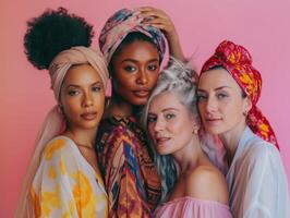 ai genererad kvinnor av annorlunda åldrar och etniciteter stå tillsammans, förmedla enhet och de rik mångfald av flera olika generationer mot en rosa bakgrund. foto