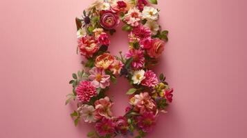 ai genererad ett arrangemang av blommor formning de siffra 8 uppsättning mot en mjuk rosa bakgrund. foto