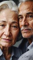ai genererad porträtt av Lycklig äldre seniors pensionerad par, gammal människor roman foto