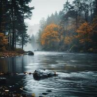 ai genererad dimmig skog lindning flod, höst träd, lugn morgon- med text Plats för social media posta storlek foto