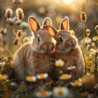 ai genererad hjärtvärmande familj bebis kaniner krypa in stänga i en Sol kysste äng för social media posta storlek foto