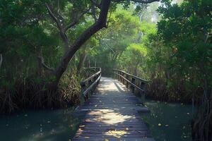 ai genererad mangrove skog scen trä- bro för lugn utomhus- upplevelser foto