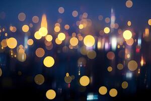 ai genererad hängande dekorativ lampor med bokeh abstrakt stadsbild natt bakgrund foto