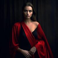 ai genererad en kvinna i en vibrerande röd morgonrock och svart topp, mot en mörk bakgrund foto