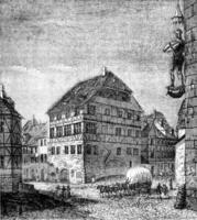 albrecht durer hus, i Nürnberg, årgång gravyr. foto