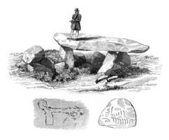 en dolmen kracka, nära locmariaquer, morbihan, årgång gravyr. foto