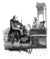 Mozart, hans syster och deras far, i paris, årgång gravyr. foto