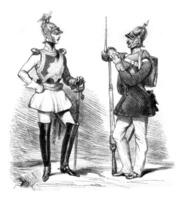 ny kostymer för de preussiska armé, kavalleri och infanteri, årgång gravyr. foto