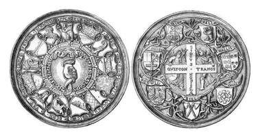 skåp av medaljer av de kejserlig bibliotek, swiss medalj 1548 guld, årgång gravyr. foto