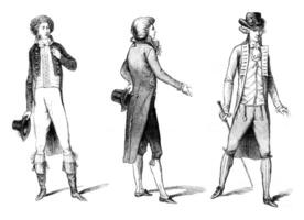 kostymer från de början av de rotation, 1789-1790, årgång gravyr. foto