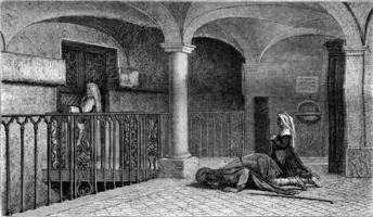 1870 utställning av målning, pilgrimer i främre av de kapell av san pietro i vård, gammal mamertine fängelse i rom, årgång gravyr. foto
