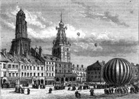 augusti 16, 1868, neptune ballong ut av de plats d'armes, calais, årgång gravyr. foto