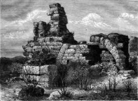 efesos, central del av de ruiner av de tempel av diana, årgång gravyr. foto