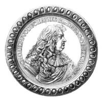 de hertig av chaulnes, guvernör av Storbritannien, på de medalj efter de skåp behöll medaljer, årgång gravyr. foto