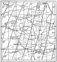 Karta av de deklination av de jordens magnetisk fält över Frankrike, årgång gravyr foto