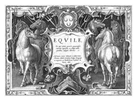 dekorativ cartouche med titel flankerad förbi hästar, årgång illustration. foto
