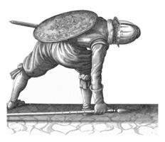 de övning med skydda och spjut, Adam skåpbil Breen, 1616 - 1618, årgång illustration. foto