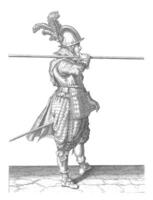 soldat bärande hans grillspett horisontell på hans rätt axel, årgång illustration. foto