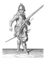 soldat innehav hans roder med hans vänster hand lutande uppåt, årgång illustration. foto