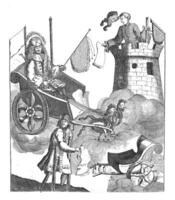 john lag, de uppfinnare av de vind förhandling, i hans vinbil, 1720, årgång illustration. foto