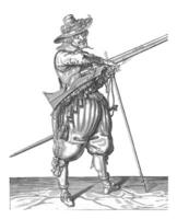 soldat på Kolla på med en musköt tar hans veke, årgång illustration. foto
