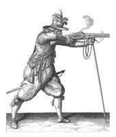 soldat bränning hans musköt, lutande på hans furket, årgång illustration. foto