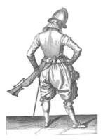 soldat med en roder tar hans pulver horn, årgång illustration. foto