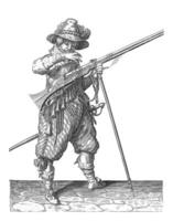 soldat på Kolla på med en musköt, årgång illustration. foto