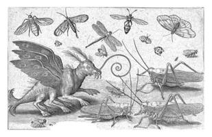 gräshoppor och fantasi varelse med vingar och simhud fötter foto
