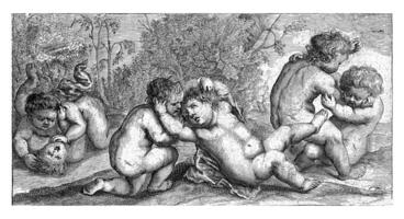 tre par av naken barn spelar, Joseph antoine cochet, efter johannes popels, c. 1633 - c. 1663 foto