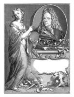 kvinna figur med palett pekande till porträtt av arnold houbraken foto