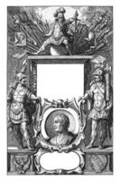 Gud fördärvar tronade på en kolumn med byter av krig och porträtt av publicus cornelius tacitus. foto