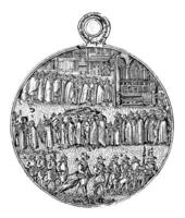 skriva ut av de tillbaka av ett graverat medalj med de begravning av Jacob skåpbil heemskerck foto