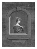 lady med basker och klänning med störtar urringning i fönster, anonym, efter frans skåpbil mieris, 1600 - 1800 foto