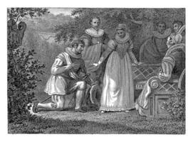 man knästående med en kvinna på en trädgård bänk, philippus velijn, efter Jacob smies, 1811 foto