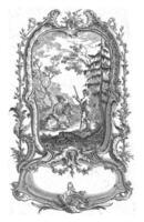 gungande kvinna, carl albert von lespilliez, efter francois de cuvillies sr., 1745 en kvinna på en gunga är tryckte förbi de man Bakom henne, två kvinnor i de förgrund se på. foto