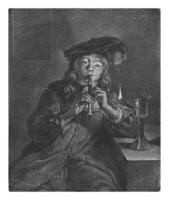 pojke spelar de flöjt, michiel gillig, efter caspar netscher, 1682 - 1688 foto