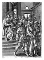 pilate tvättar hans händer i oskuld, antonie wierix ii, efter maerten de vos, 1583 - 1587 foto