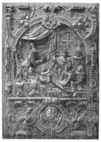 låg lättnad av en franska bröst av de sextonde århundrade. kröning av henry av anjou, kung av Polen, i de kyrka st. stanislaus i Krakow, årgång e foto