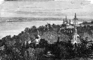 kloster helgon theodosia i kiev, årgång gravyr. foto